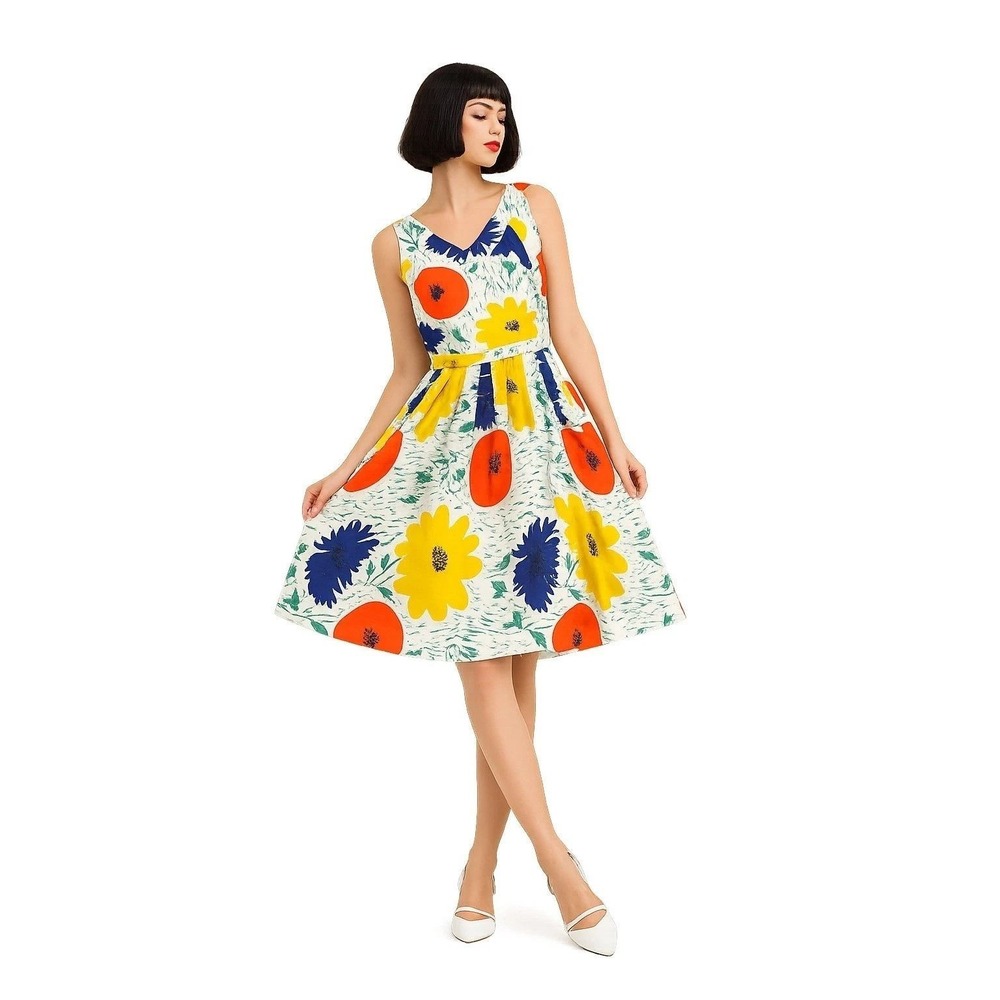 Girls from Savoy 100%‎ Silk Floral Dress Multicolor V-Neck Pleated Women 2 Art